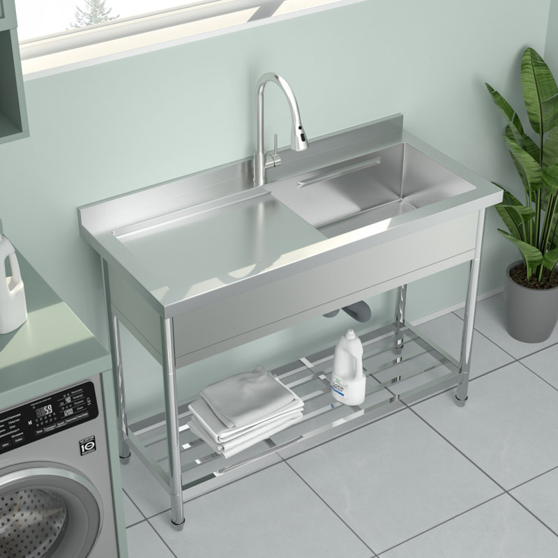 Évier de cuisine commercial 47 po à cuve simple sur pied en acier inoxydable avec tablette ouverte et robinet de cuisine
