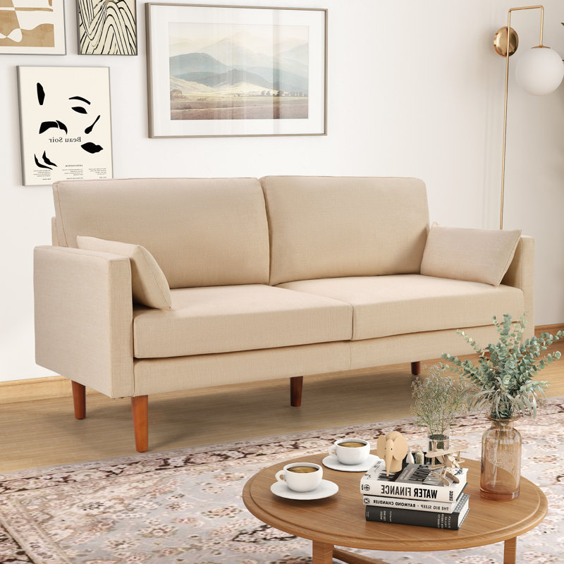72.84'' Wide Modern Upholstered Fabric Square Arm 3-Seater Couch with 2 Pillows and Solid Wood Legs for Contemporary Living Rooms  (Set of 2)
