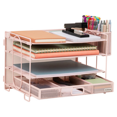  Organisateur de bureau en filet, 3 plateaux, 1 tiroir, 2 porte-stylos, organisateur de bureau, filet métallique, rose