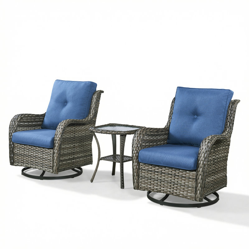 Chaises berçantes pivotantes pour l'extérieur, ensemble de patio en osier 3 pièces avec coussins épaissis, dossier haut, sièges profonds, accoudoirs larges, chaises pivotantes d'extérieur pour porche, terrasse