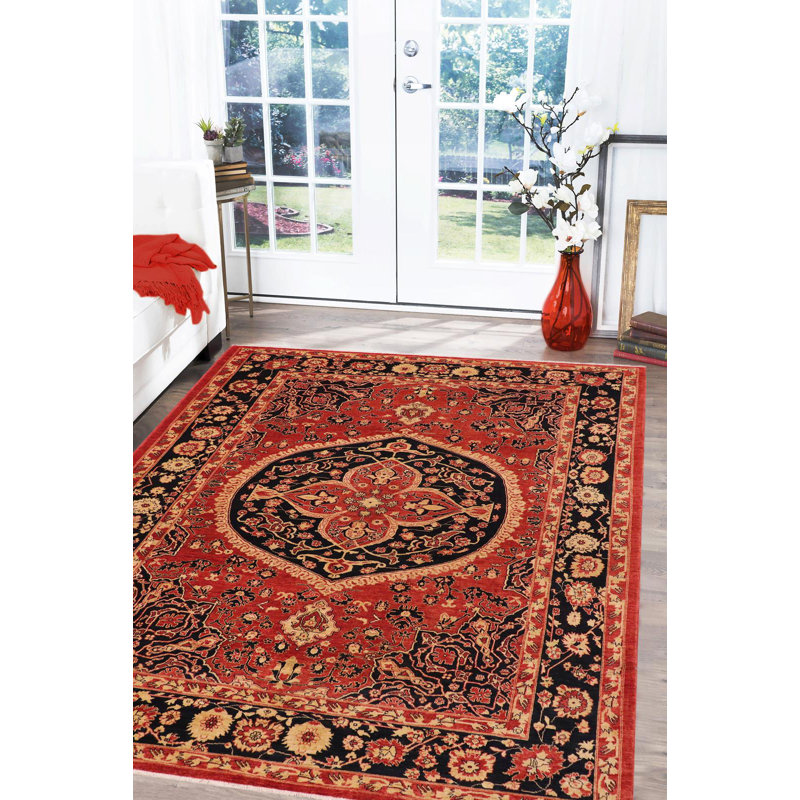Tapis rouge / noir en laine noué à la main à motif oriental 9 pi x 11 pi 11 po Backler