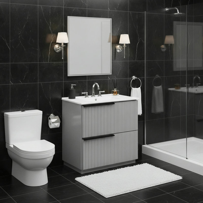 Meuble-lavabo sur pied cannelé de 76 cm (30 po) avec lavabo en céramique, tiroirs à extension complète et fermeture amortie, meuble de rangement moderne pour salle de bain