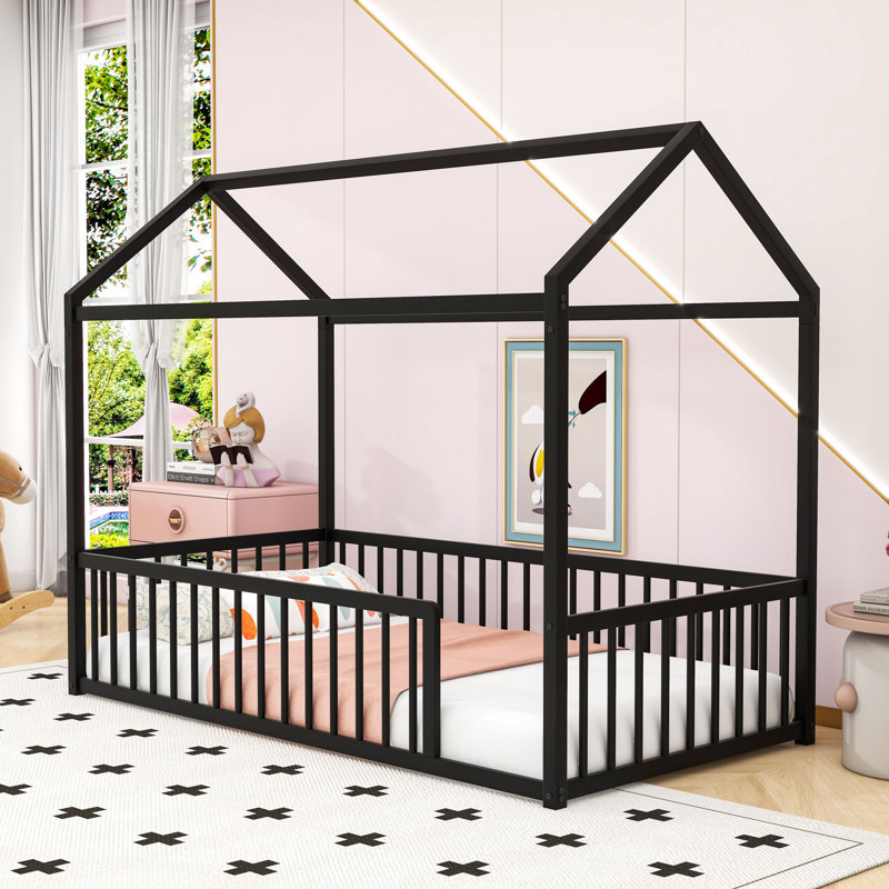 Metal House Shaped Bed With Fence, Twin, Black