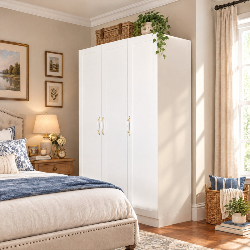 47.2"W 3-Door Wardrobe Armoire with 2 Hanging Rods and 5 Storage Shelves