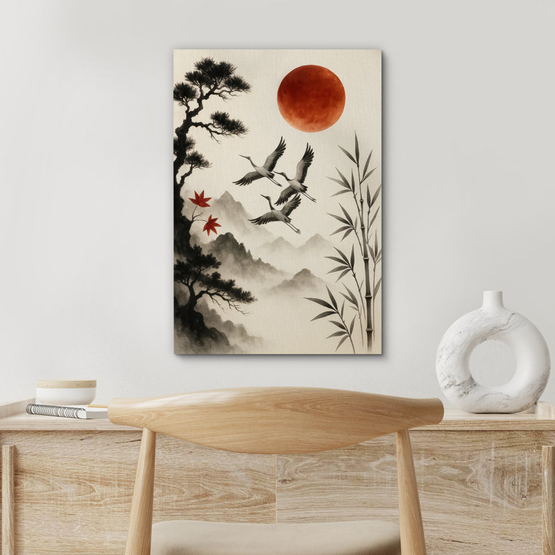 «Cranes with Red Moon Pine and Bamboo Landscape Art», reproduction d'art sur toile encadrée, H 36 po x l 24 po x P 1,5 po