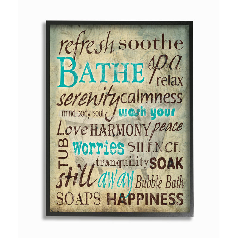 «Bath Wash Your Worries», reproduction d'art textuel, H 20 po x l 16 po x P 0,5 po, Giclée encadrée noir minuit