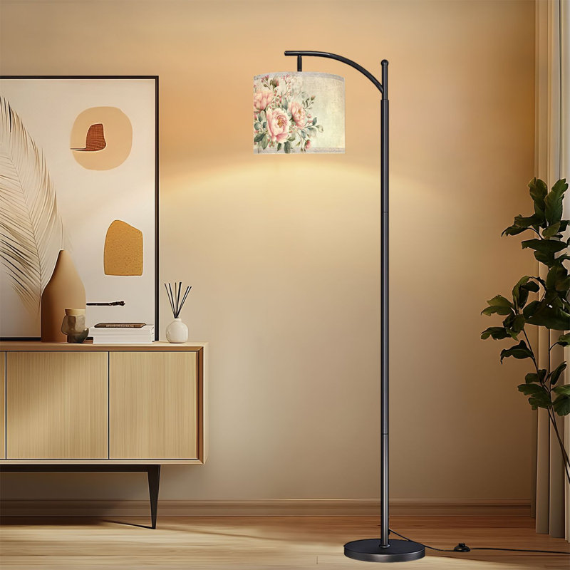 Lampe sur pied à arc avec abat-jour réglable Couronne d'aquarelle romantique Pastel doux à fleurs détails complexes Lampe sur pied 3 températures de couleur à intensité variable, grand mât avec interrupteur au pied pour la chambre à coucher