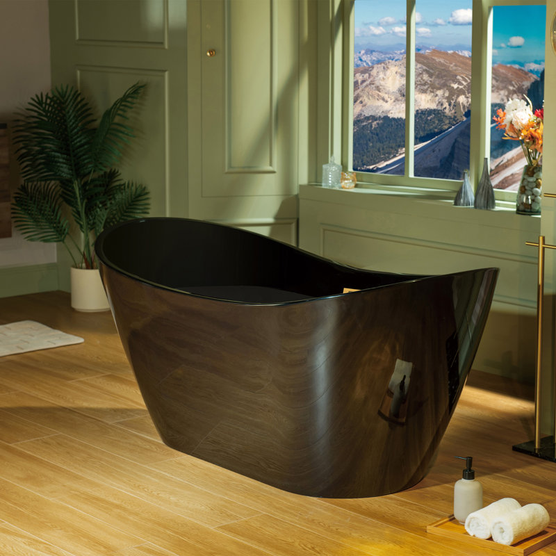 Baignoire de trempage double autoportante en acrylique de 59 po x 28,75 po avec fond antidérapant, Or brossé, Noir lustré