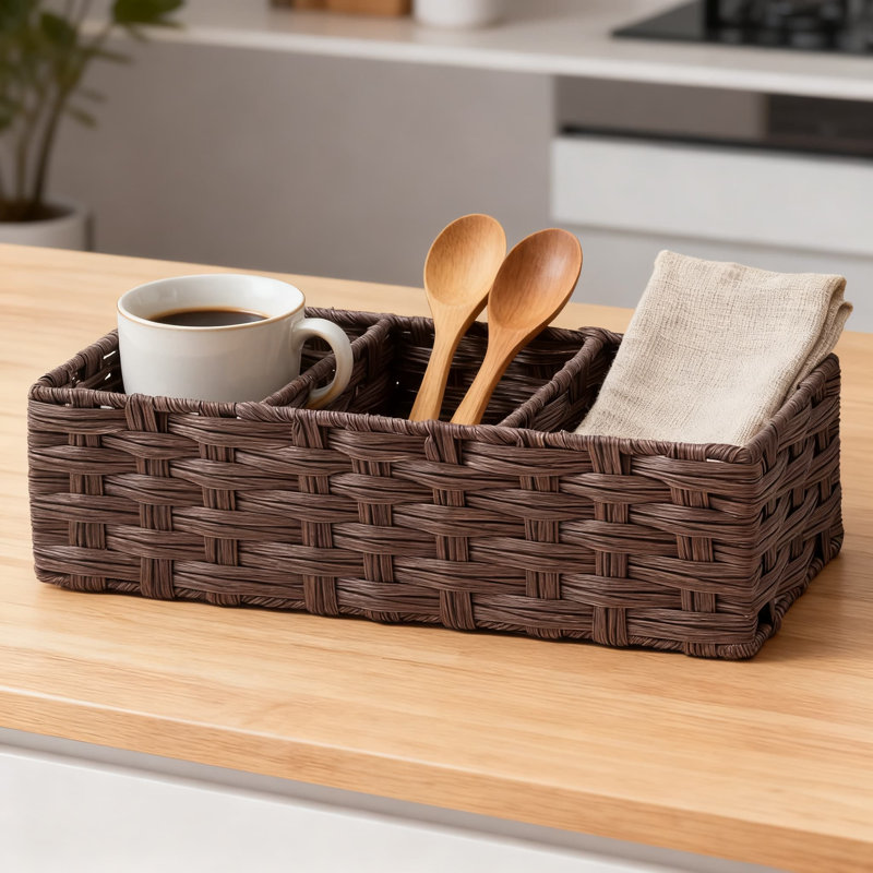Hand Woven Plastic Wicker Storage Baskets With Dividers For Bathroom Organization, Rustic Farmhouse Decor Countertop Organizer For Toilet Paper And Essentials