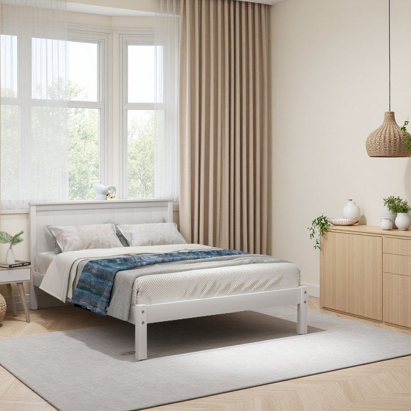 Base de lit plateforme avec tête de lit, support à lattes de bois, aucun sommier requis, Lit simple, Blanc