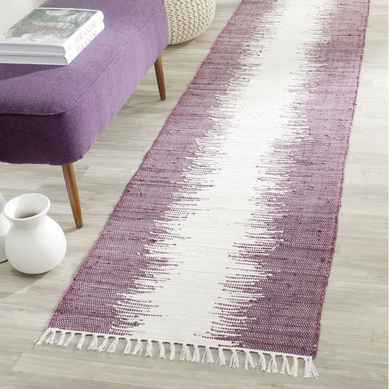 Tapis mauve rayé en coton tissé à plat à la main Cayman, Tapis de couloir 2 pi 3 po x 7 pi