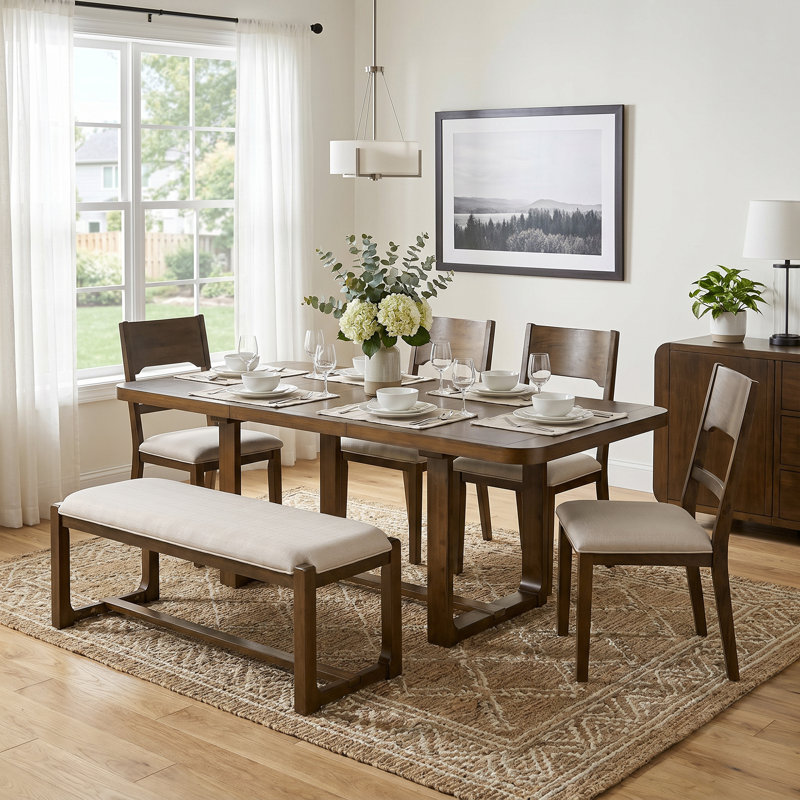 TOPMAX 6-Piece Solid Wood Dining Table Set, Extendable Rectangular Dining Room Set with 4 Padded Chairs & Bench, 60"–84" Expandable Tabletop,Brown+Beige Cushion