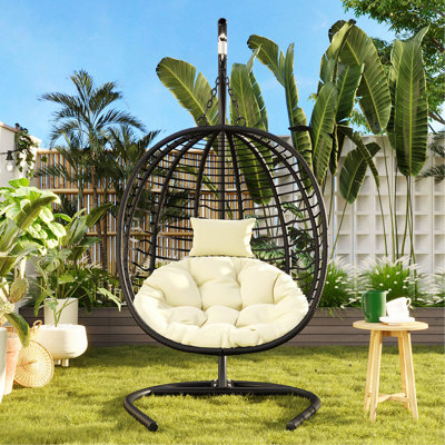 U_Style Single Person Folding Egg Chair With Stand, Hanging Egg Chair Indoor Outdoor, Wicker Hammock Swing Chair With Adjustable Anti-Slip Feet,Suitable For Balcony, Bedroom,Garden