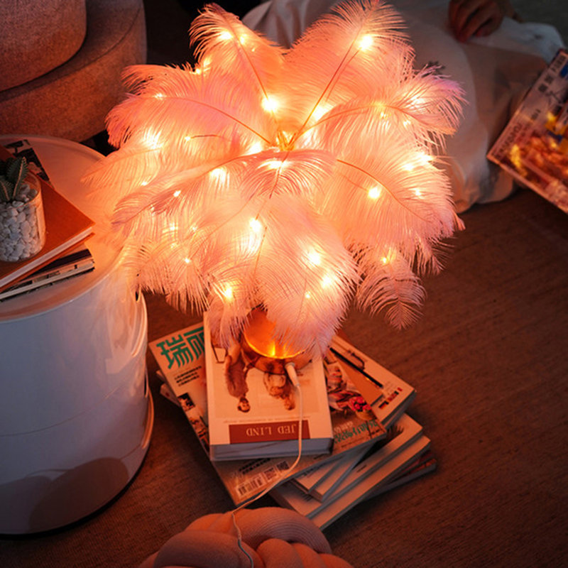 Feather Table Lamp, Modern USB Powered LED Bedside Table Lamp Night Light With Remote Control For Bedroom Living Room Party Wedding Christmas Valentines Day Decor