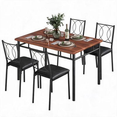 Ensemble de table et de chaises de ferme peu encombrantes pour 4 personnes – Table en bois robuste et chaises rembourrées – Parfait pour les appartements et les petites cuisines – Couleur noyer élégante (AAE35-13A)