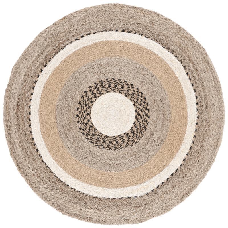 Natural Fiber Handwoven Jute & Cotton Geometric Rug in Natural/Gray, Round 3'
