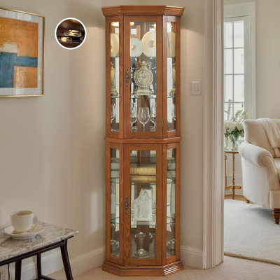 Vitrine de coin lumineuse en bois massif avec tablettes réglables en verre et dossier en miroir, rangement classique pour le salon et la chambre à coucher