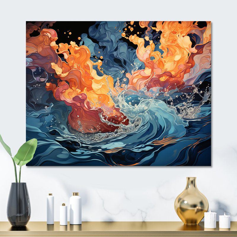 Orange et bleu abstrait «Rolling Tides» - art mural en métal Vagues, H 30 po x l 40 po x P 1,5 po