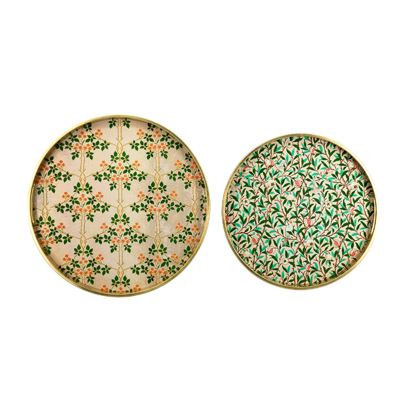 S/2 Round Glass And Plastic Trays With Multicolored Floral Designs L:d15.5X1.5" S:d13.5X1.5", Gold/Green​​ Floral