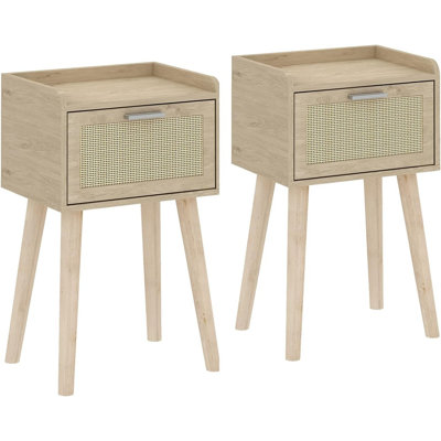  Chloi Nightstand Set Of 2, Small Bedside Table, End Table With Rattan Door, Boho Side Table With Solid Wood Legs For Bedroom Living Room Small Space