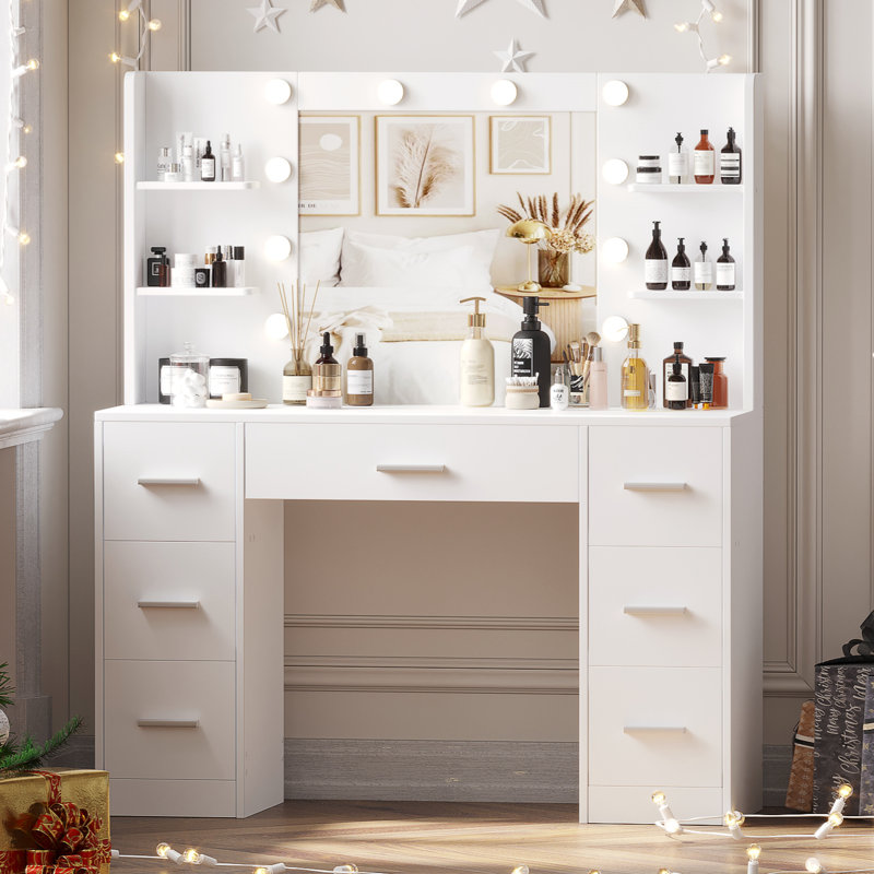 Raafay Vanity Table with Lights, Makeup Table with 7 Drawers and Side Shelf, White