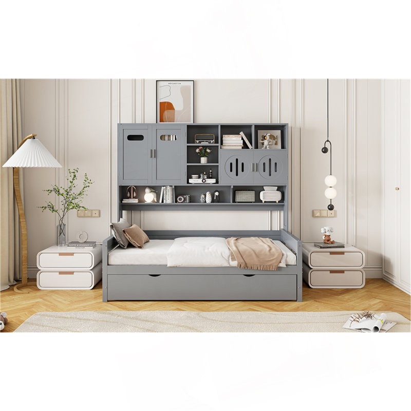 Wooden Daybed With Twin Size Trundle, And All-In-One Cabinet And Shelf, Gray, Twin