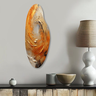 «Gold Orange Desert Mirage Spiral», spirale abstraite, impression sur métal, impression asymétrique moderne sur métal