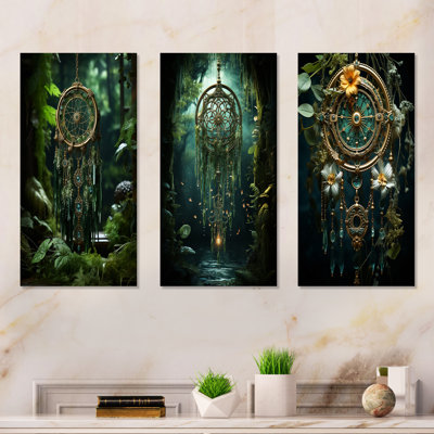 Black And Green Dreamcatcher Oasis - Dream Catcher Metal Wall Art Prints Set Of 3