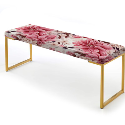 Soft Pink Peony Bouquet Garden - Floral Upholstered Gold Bench