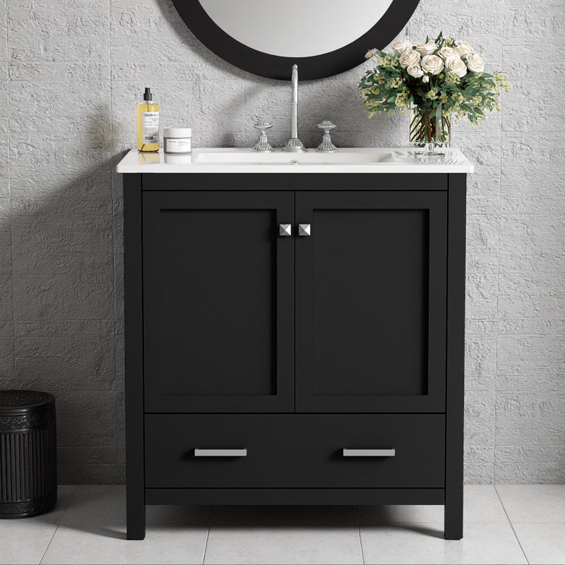 Élégant meuble-lavabo noir de 30 po avec portes à fermeture douce et rangement multifonctionnel, Noir, Argent argent