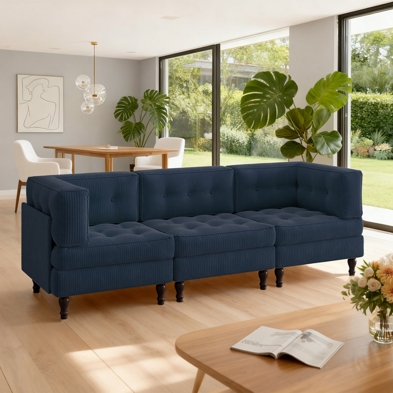Upholstered Tufted Corduroy Modular Sectional with Pillow Back, 3, Navy