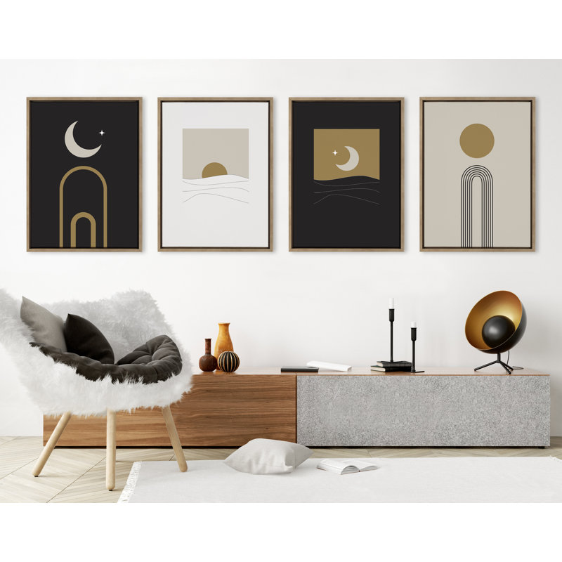 «Modern Sunrise and Sunset Over the Ocean» par The Creative Bunch Studio, ensemble d'art mural sur toile encadrée, Doré