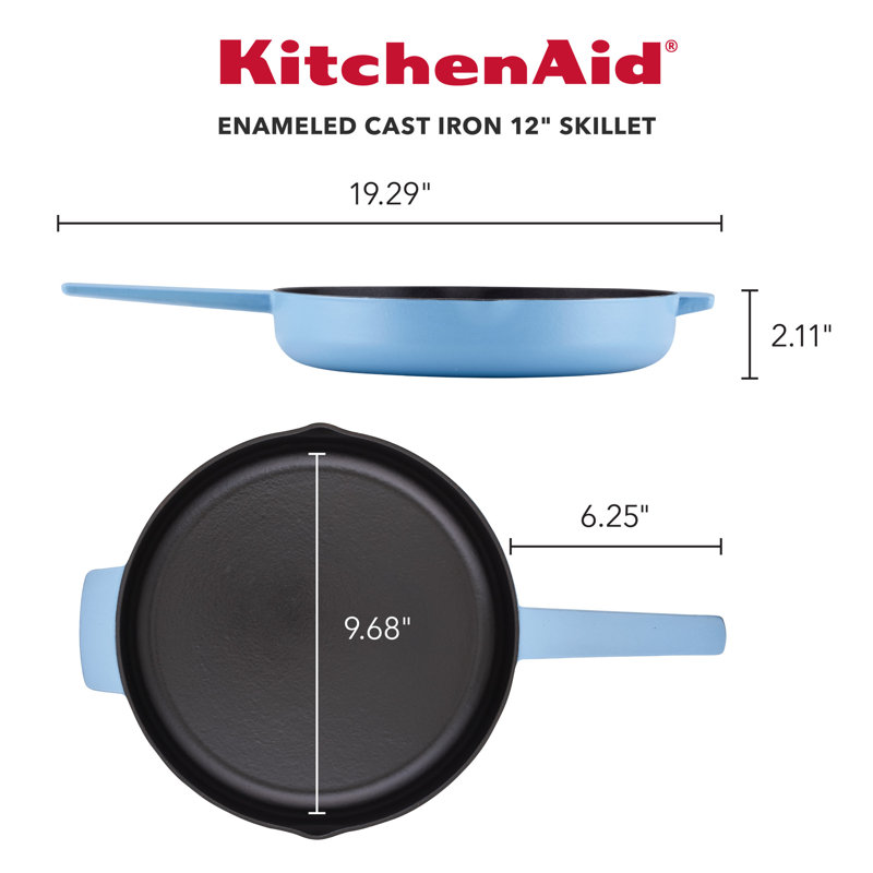 KitchenAid Enameled Cast Iron Induction Skillet with Helper Handle and Pour Spouts, 12 Inch, Blue