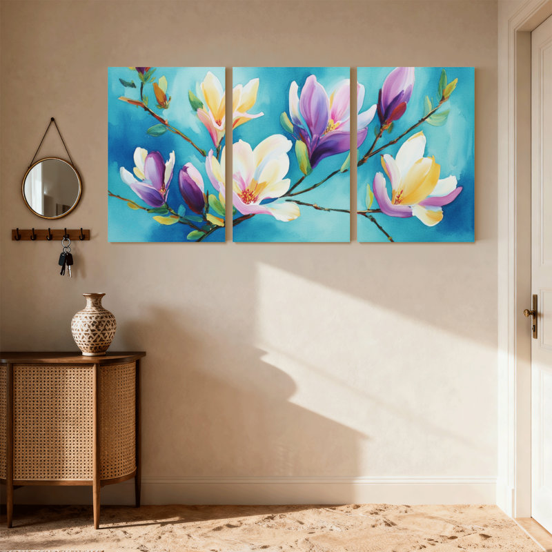 Plantes et fleurs, fleurs de magnolia colorées sur fond bleu, ensemble de 3 impressions sur toile, H 24 po x l 48 po