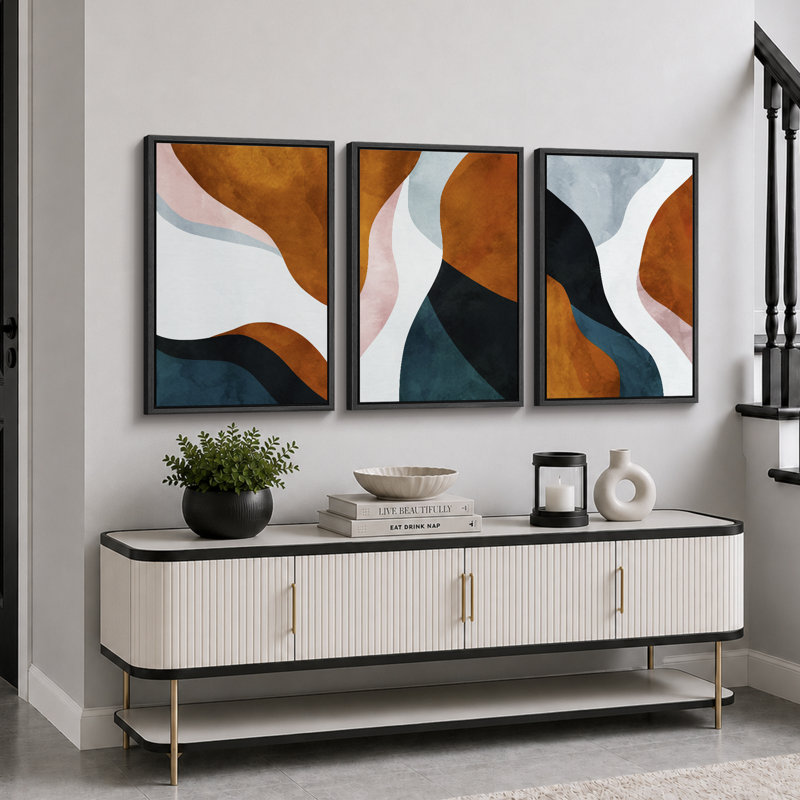 «Mid Century Shape», impression géométrique sur toile abstraite encadrée brune et bleue 3 pièces, H 24 po x l 48 po, Black