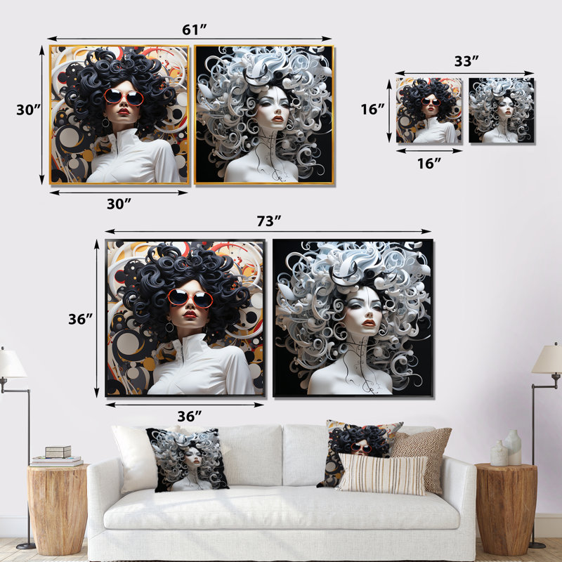 Ensemble de 2 décorations murales noires et blanches, Toile tendue, H 16 po x l 33 po x P 1 po
