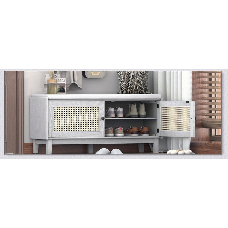 Boho Rattan Entryway Bench with Storage, Cushioned Shoe Bench with Double Doors, Wooden Organizer for Hallways, Gray Wash