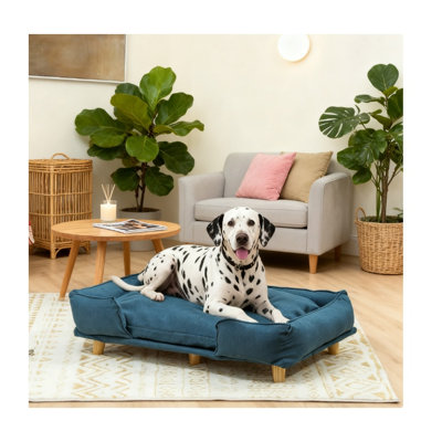 Dark Blue Raised Pet Couch Bed with Removable Cushion and Pine Wood Legs