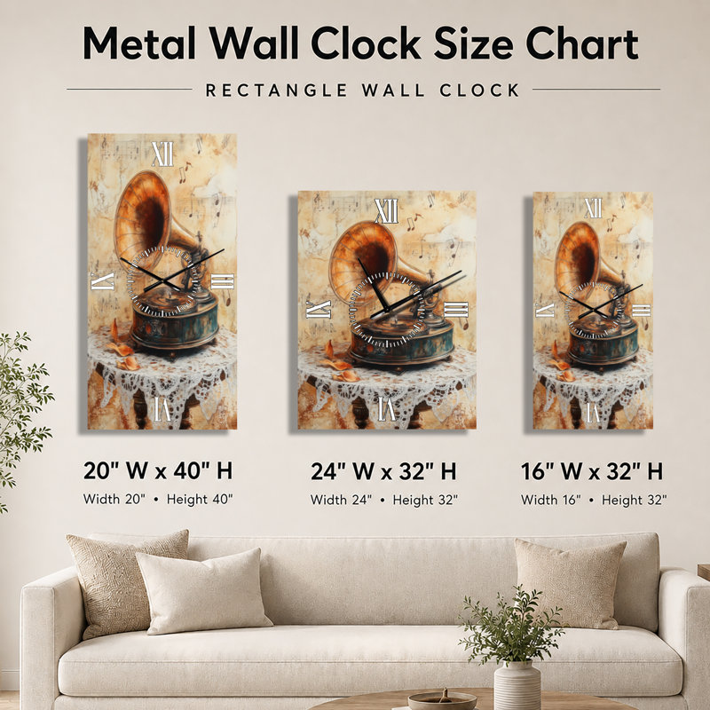 Horloge murale vintage en métal, grande taille, avec mélodie de gramophone des années 1930, H 32 po x l 24 po - Rectangle