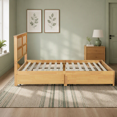 Bed With Rattan Headboard, Two Storage Drawers, Rubber Wood Bed With Enhanced Support Salts And Feet
