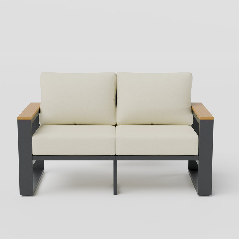 Canapé deux places en aluminium pour terrasse, avec accoudoirs imitation bois et coussin de 12,5 cm., Crème