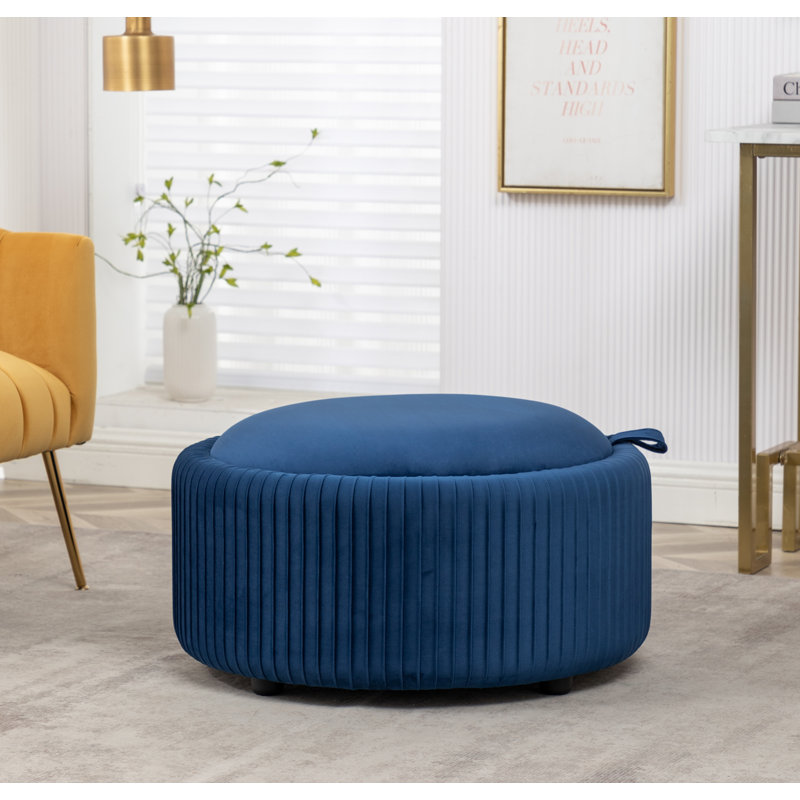 Repose-pieds rond avec rangement Savinien, Velours bleu