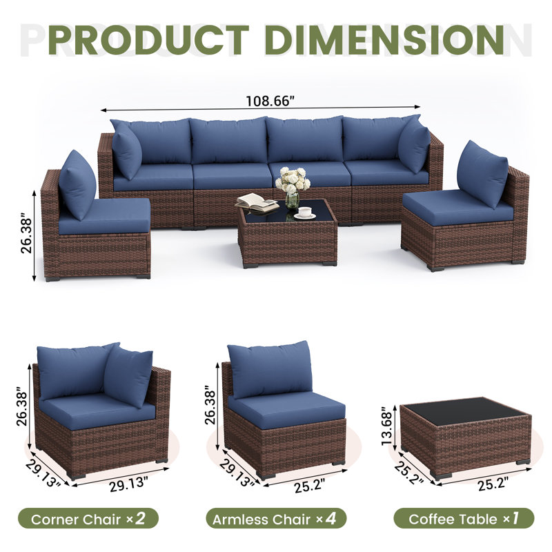7-Piece Outdoor Wicker Patio Conversation Furniture Set With Cushions, Blue