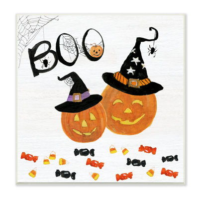 " Boo Phrase With Orange Pumpkins Witch Hats " by Sally Swatland