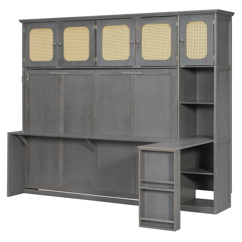Lit escamotable double avec bureau et armoires en rotin, lit mural peu encombrant pour bureau à domicile, gris antique