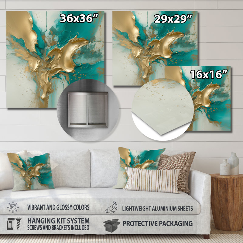 Marbre doré et turquoise Fuild Ink II - art mural abstrait en métal marbré, H 23 po x l 23 po x P 1 po