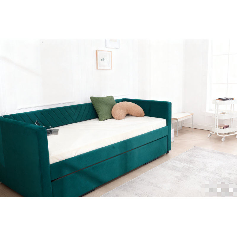 Lit de jour simple rembourré avec lit gigogne, port USB, poches latérales, dossier à profil en V moderne, aucun sommier nécessaire, pour chambre à coucher, chambre d'amis (émeraude, simple)