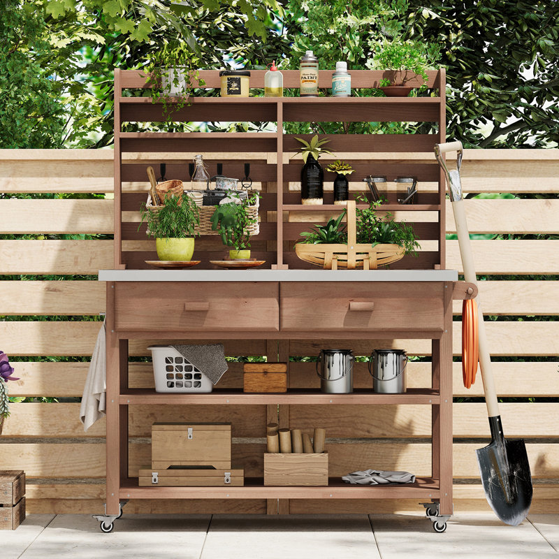 Table de rempotage d'extérieur 64,9 "H avec roues verrouillables, Brun
