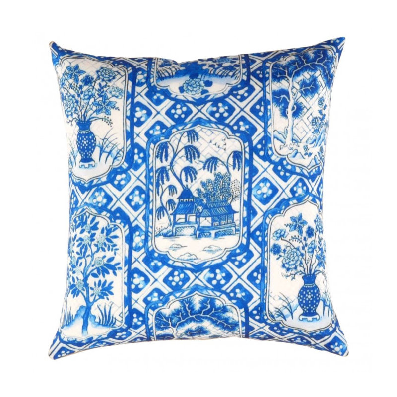 Turkish Fine Silk oriental Design Pillow 16", 16" H x 16" W, Blue/White/Malibu