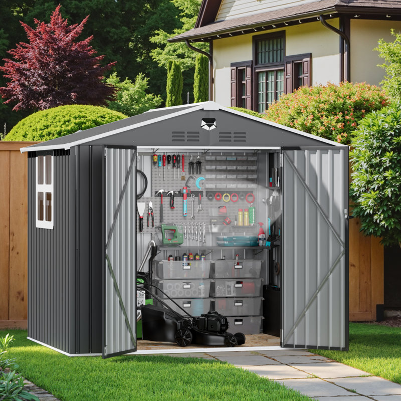 8X6ft Lockable Black Metal Shed With Built-In Window And Portable Tool Light - Spacious & Well-Lit Storage Solution